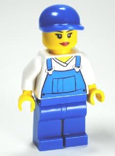 LEGO Minifigure-Overalls Blue over V-Neck Shirt, Blue Legs, Blue Short Bill Cap, Eyelashes and Smile-Town / City-CTY269-Creative Brick Builders
